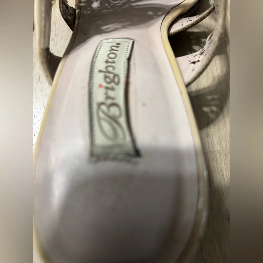 Brighton Cream Patent Leather cut out Strappy Heels with Silver Brighton buckle